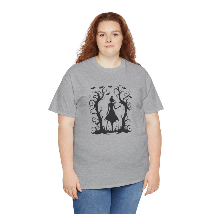 Whimsical Forest Silhouette Tee, Unisex Heavy Cotton T-Shirt, Fall Fashion, Halloween Shirt, Nature Lover Gift Printify