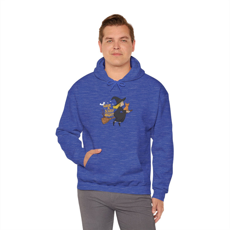 Halloween Witch and Cat Hoodie, Cozy Fall Sweatshirt, Scary Night Apparel, Unisex Ghostly Sweatshirt, Cute Halloween Gift Printify