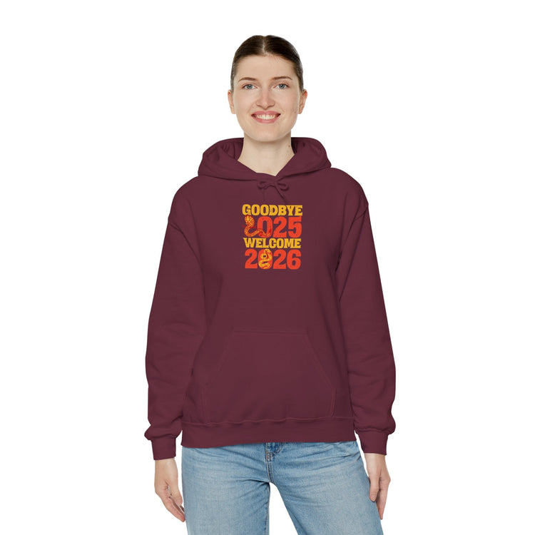New Year Celebration Hoodie Goodbye 2025 Welcome 2026 Sweatshirt Cozy Gift Friends Unisex Pullover Trendy Winter Fashion Heavy Blend Hooded Printify
