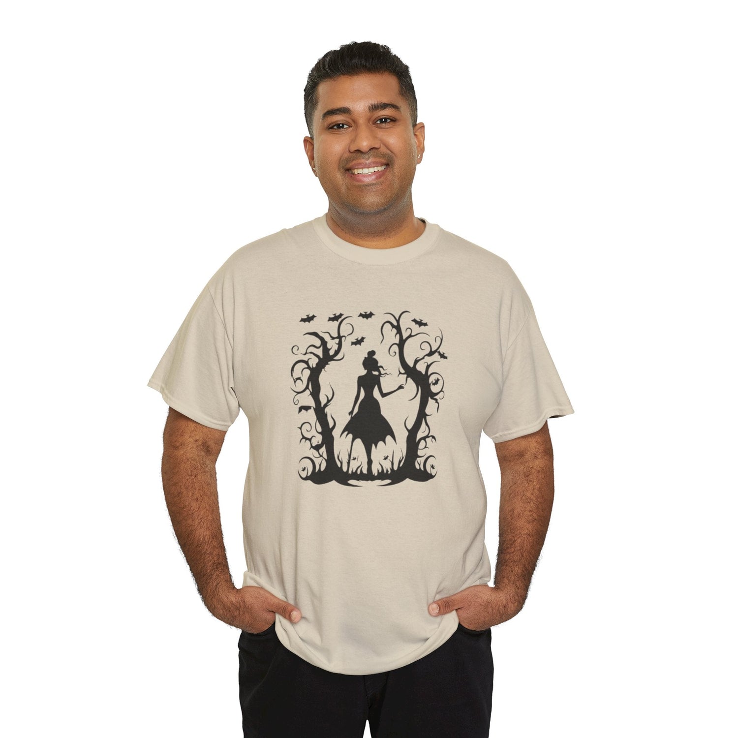 Whimsical Forest Silhouette Tee, Unisex Heavy Cotton T-Shirt, Fall Fashion, Halloween Shirt, Nature Lover Gift Printify