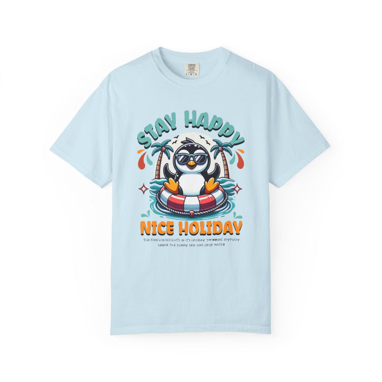 Stay Happy Penguin T-Shirt Unisex Summer Tee Vacation Shirt Beachwear Fun Gift Garment Dyed Cotton Casual Comfort Tee Birthday Gift Beach Shirt Printify