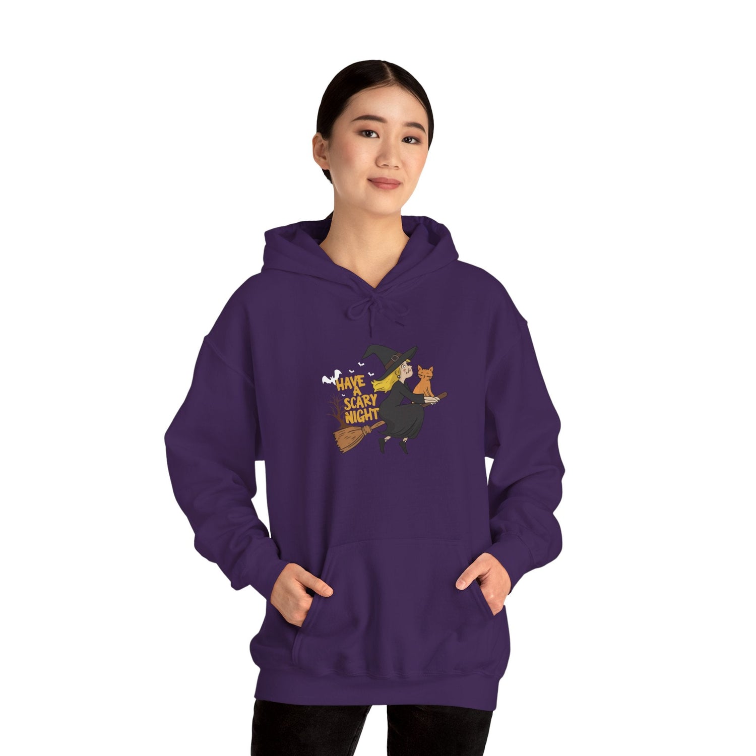 Halloween Witch and Cat Hoodie, Cozy Fall Sweatshirt, Scary Night Apparel, Unisex Ghostly Sweatshirt, Cute Halloween Gift Printify