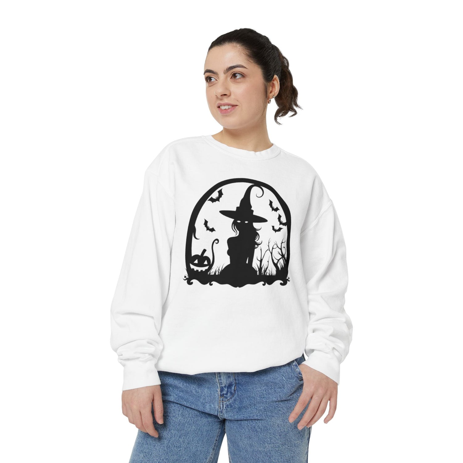 Charming Halloween Sweatshirt, Cozy Witch Design, Unisex Garment-Dyed Hoodie, Fall Fashion, Spooky Season Wear, Trick or Treat Gift Printify