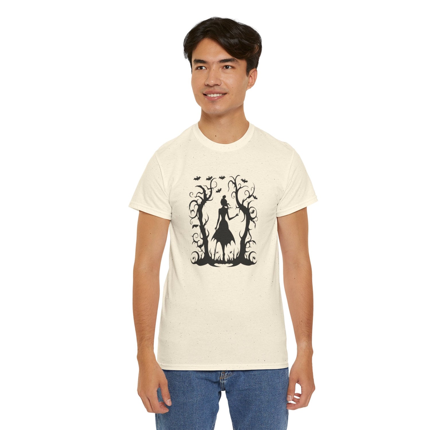 Whimsical Forest Silhouette Tee, Unisex Heavy Cotton T-Shirt, Fall Fashion, Halloween Shirt, Nature Lover Gift Printify