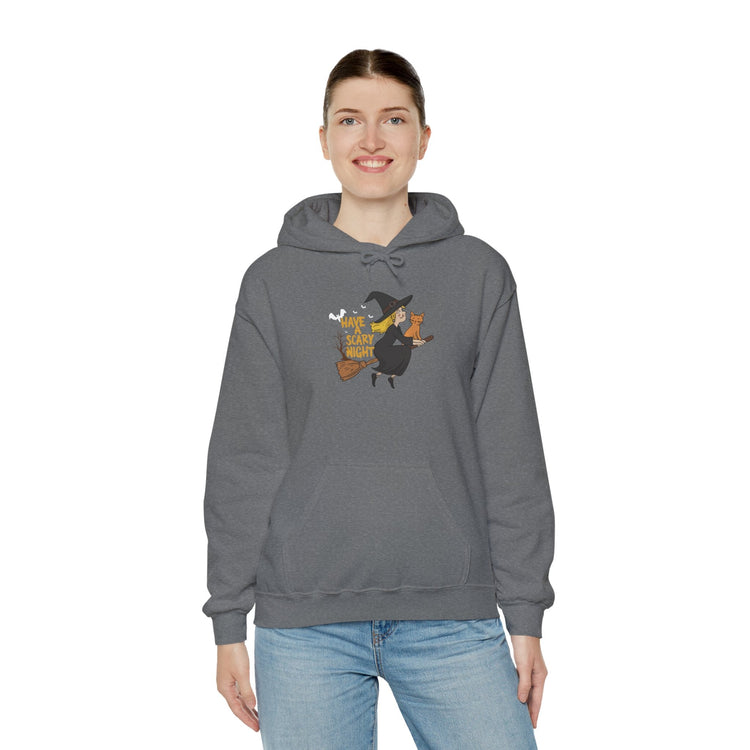 Halloween Witch and Cat Hoodie, Cozy Fall Sweatshirt, Scary Night Apparel, Unisex Ghostly Sweatshirt, Cute Halloween Gift Printify