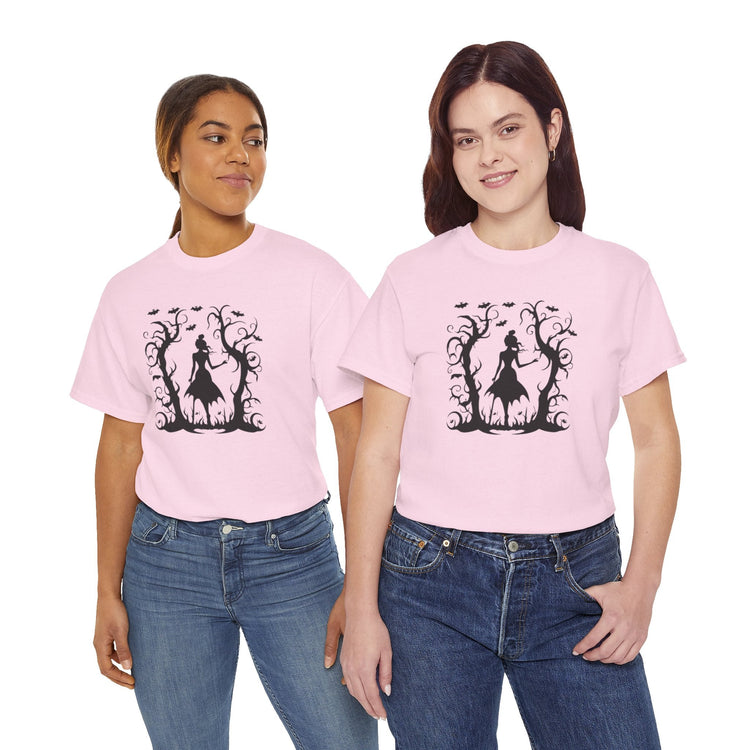 Whimsical Forest Silhouette Tee, Unisex Heavy Cotton T-Shirt, Fall Fashion, Halloween Shirt, Nature Lover Gift Printify