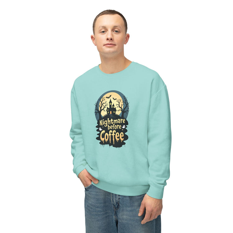 Unisex Lightweight Crewneck Sweatshirt - Nightmare Before Coffee Printify