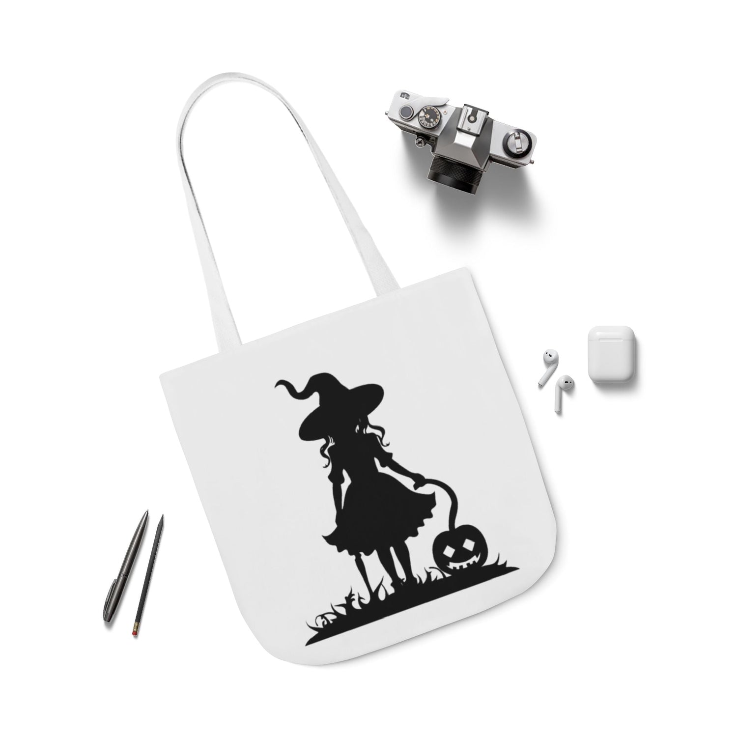 Halloween Witch Canvas Tote Bag, Spooky Treat Bag, Autumn Market Tote, Trick-or-Treat Bag, Gift for Witches, Seasonal Accessories Printify