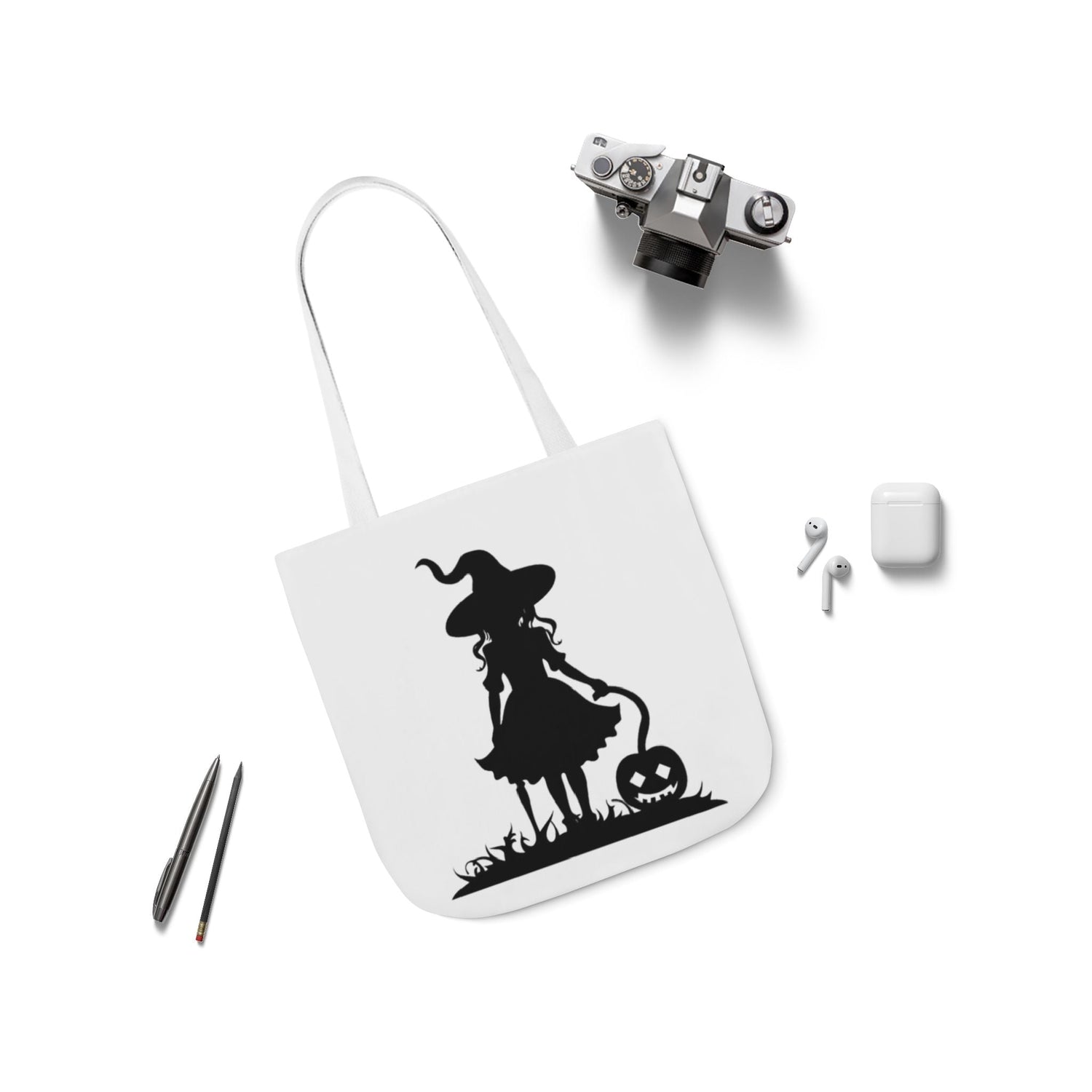 Halloween Witch Canvas Tote Bag, Spooky Treat Bag, Autumn Market Tote, Trick-or-Treat Bag, Gift for Witches, Seasonal Accessories Printify
