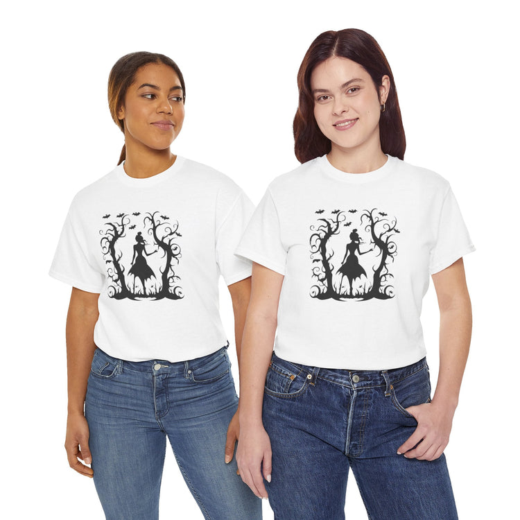 Whimsical Forest Silhouette Tee, Unisex Heavy Cotton T-Shirt, Fall Fashion, Halloween Shirt, Nature Lover Gift Printify