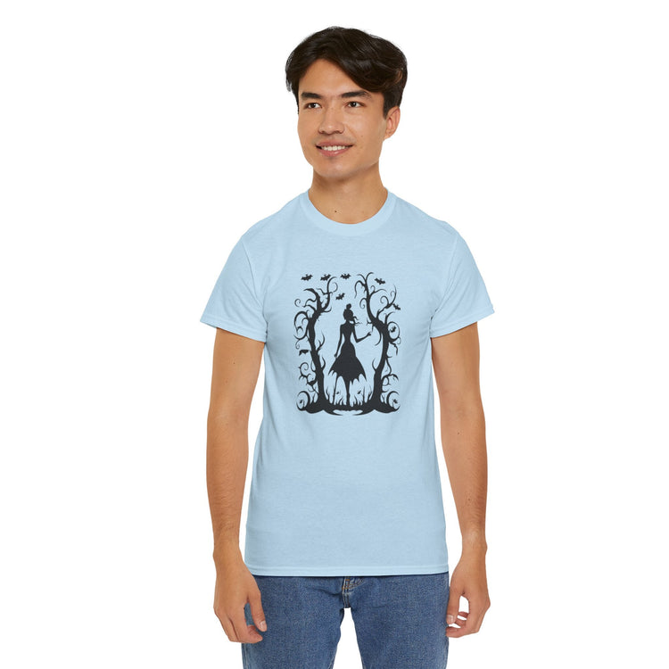 Whimsical Forest Silhouette Tee, Unisex Heavy Cotton T-Shirt, Fall Fashion, Halloween Shirt, Nature Lover Gift Printify