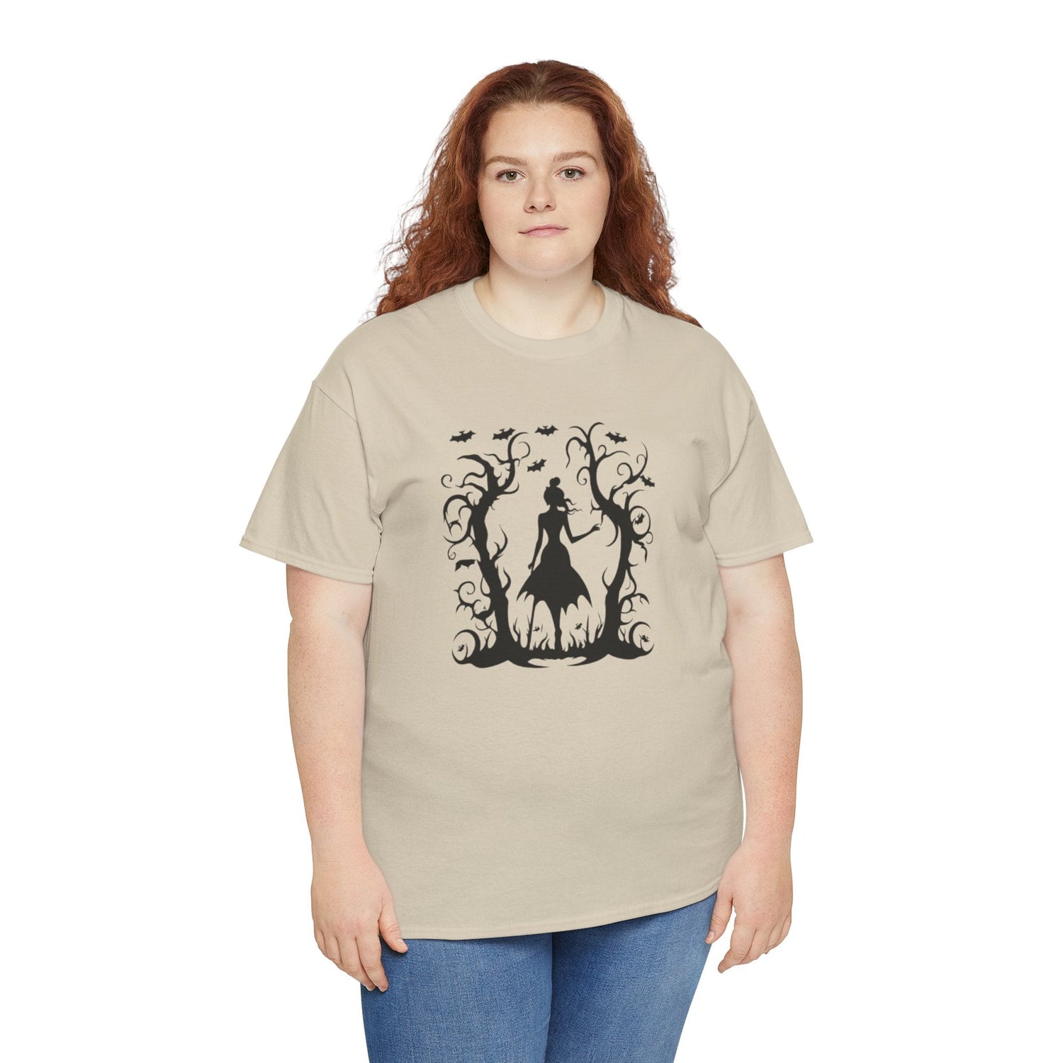 Whimsical Forest Silhouette Tee, Unisex Heavy Cotton T-Shirt, Fall Fashion, Halloween Shirt, Nature Lover Gift Printify