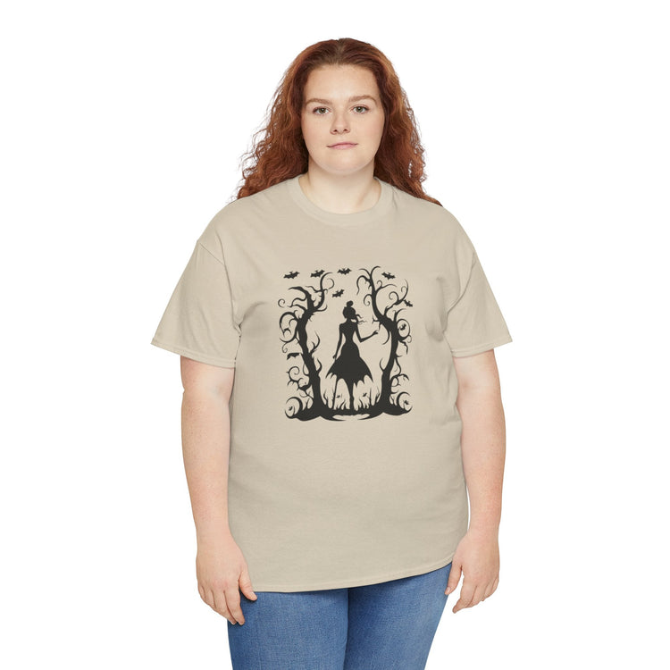 Whimsical Forest Silhouette Tee, Unisex Heavy Cotton T-Shirt, Fall Fashion, Halloween Shirt, Nature Lover Gift Printify