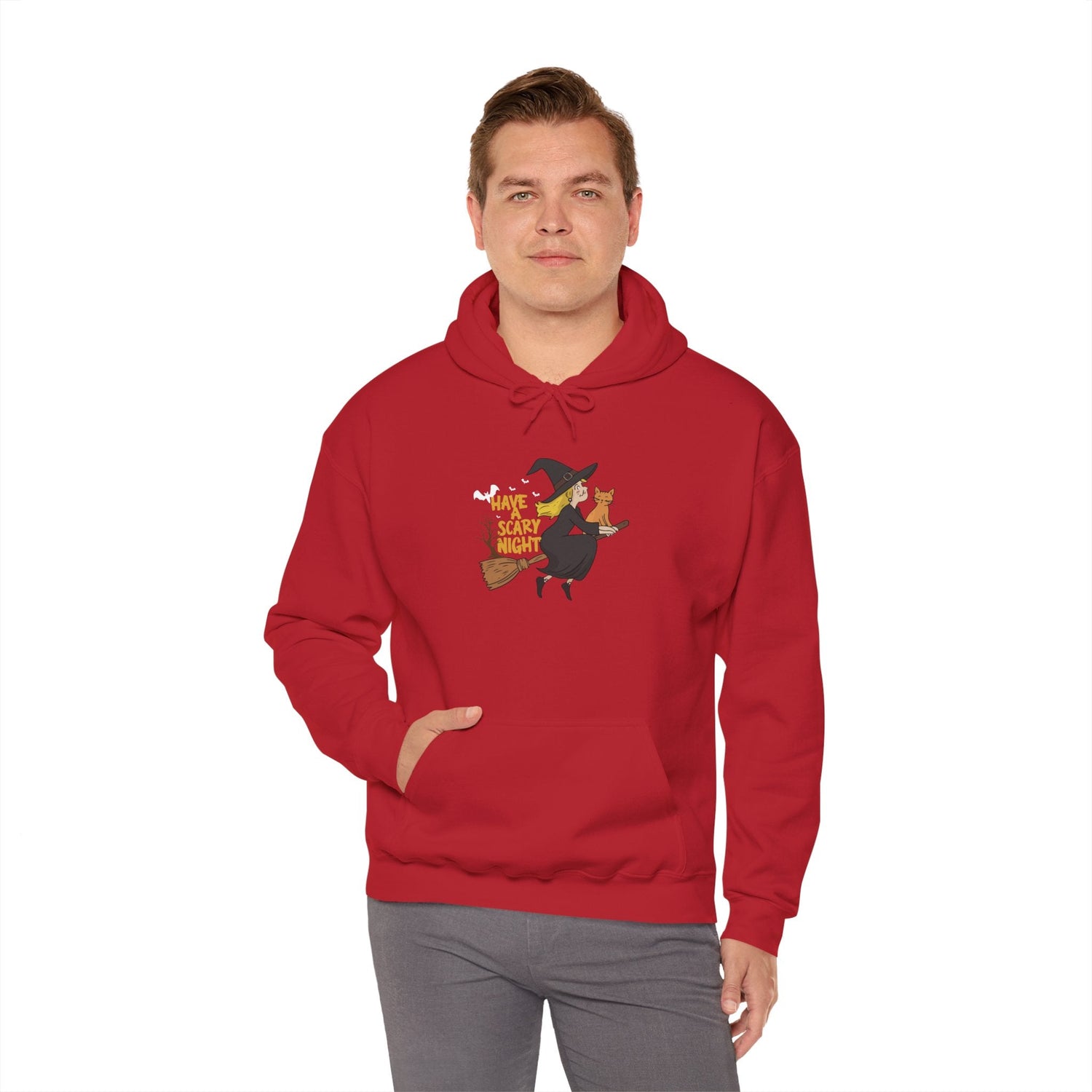 Halloween Witch and Cat Hoodie, Cozy Fall Sweatshirt, Scary Night Apparel, Unisex Ghostly Sweatshirt, Cute Halloween Gift Printify
