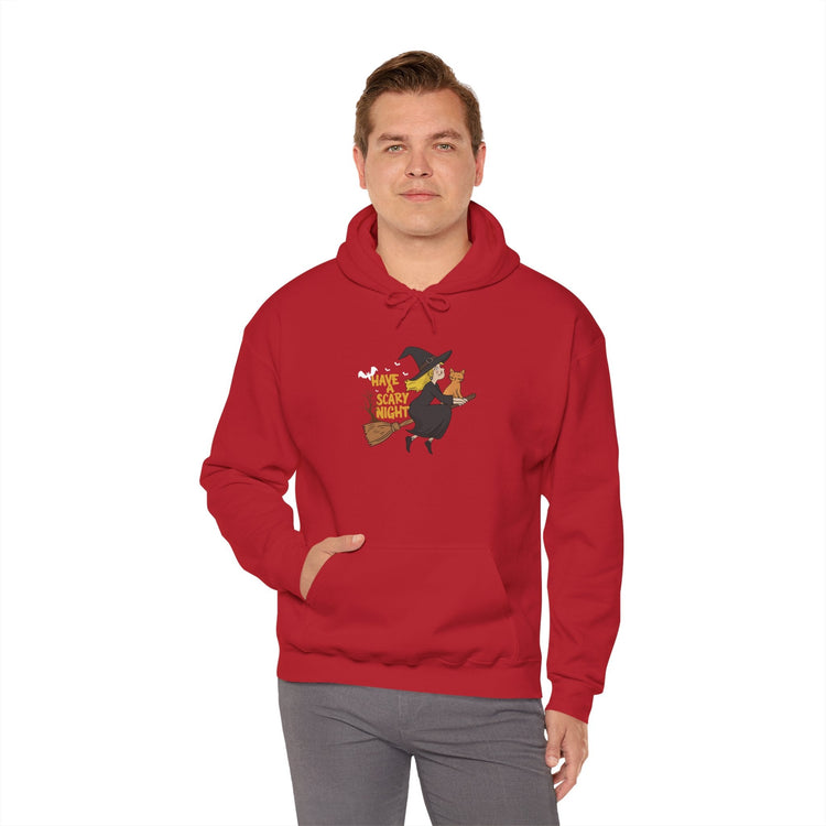 Halloween Witch and Cat Hoodie, Cozy Fall Sweatshirt, Scary Night Apparel, Unisex Ghostly Sweatshirt, Cute Halloween Gift Printify