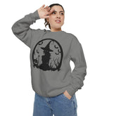 Charming Halloween Sweatshirt, Cozy Witch Design, Unisex Garment-Dyed Hoodie, Fall Fashion, Spooky Season Wear, Trick or Treat Gift Printify