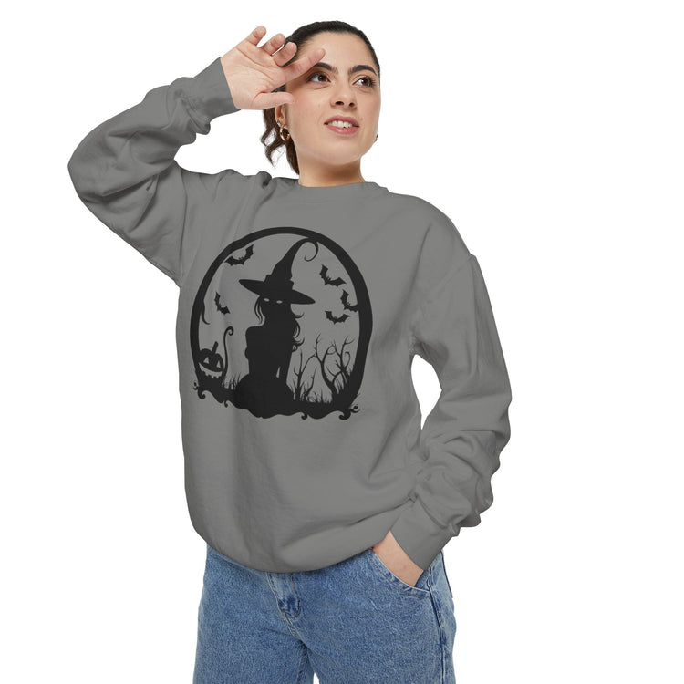 Charming Halloween Sweatshirt, Cozy Witch Design, Unisex Garment-Dyed Hoodie, Fall Fashion, Spooky Season Wear, Trick or Treat Gift Printify