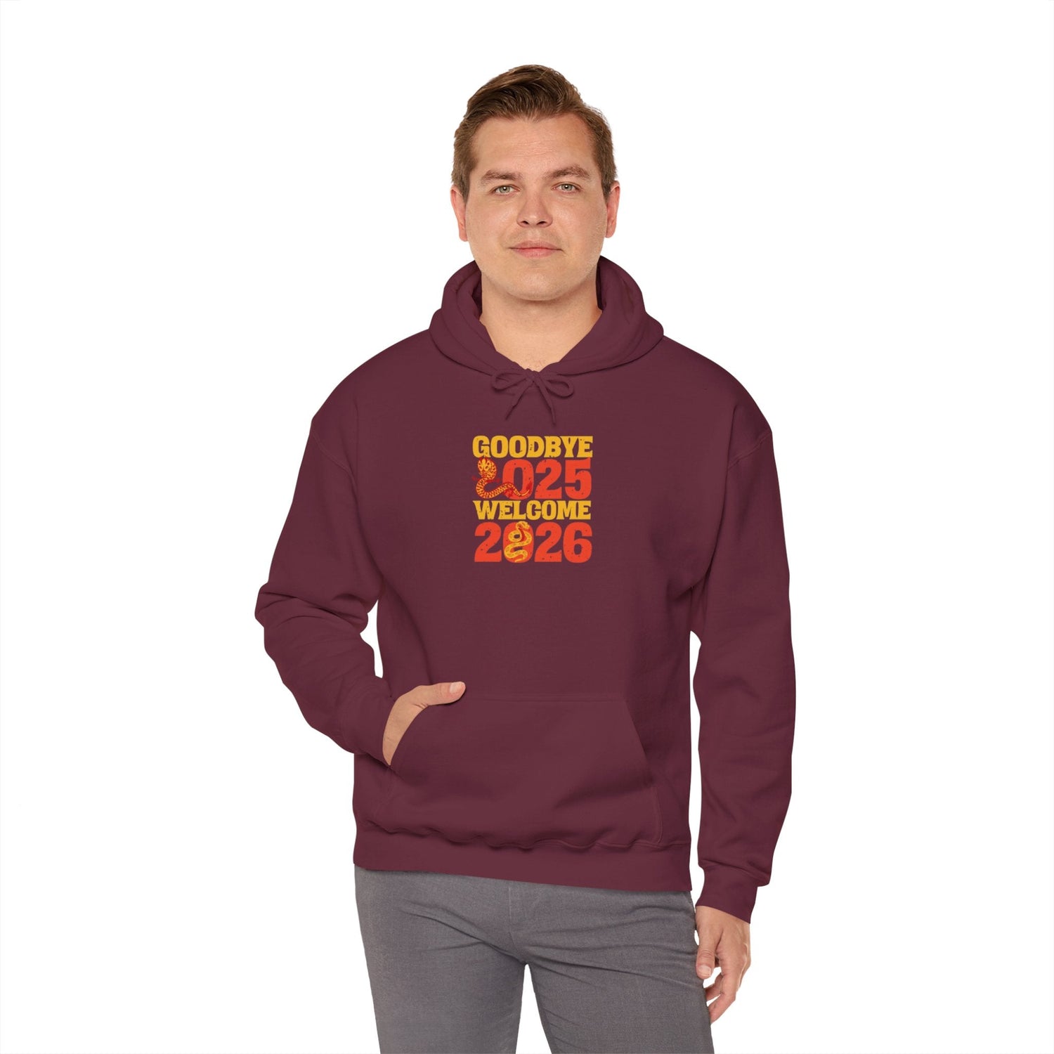 New Year Celebration Hoodie Goodbye 2025 Welcome 2026 Sweatshirt Cozy Gift Friends Unisex Pullover Trendy Winter Fashion Heavy Blend Hooded Printify