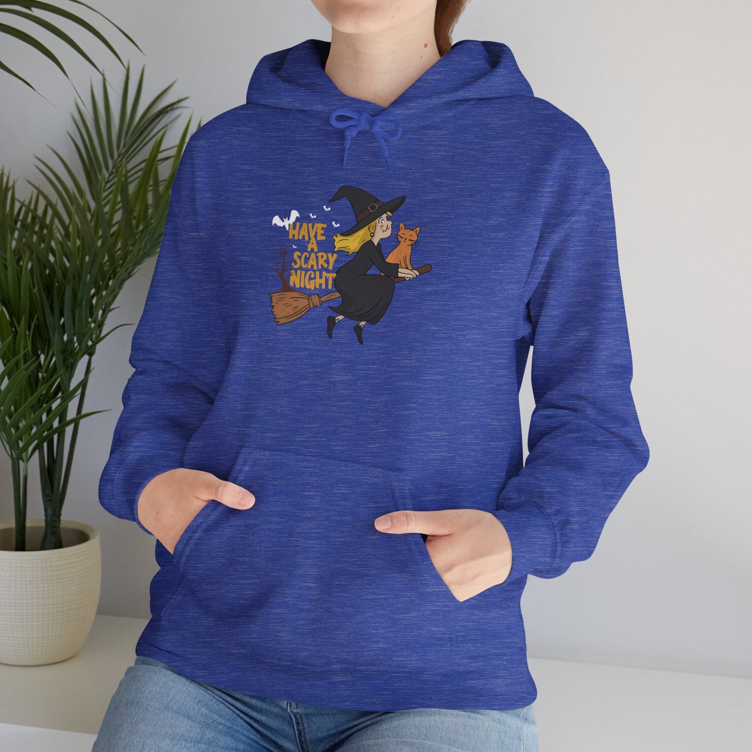 Halloween Witch and Cat Hoodie, Cozy Fall Sweatshirt, Scary Night Apparel, Unisex Ghostly Sweatshirt, Cute Halloween Gift Printify