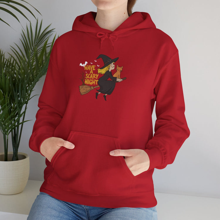 Halloween Witch and Cat Hoodie, Cozy Fall Sweatshirt, Scary Night Apparel, Unisex Ghostly Sweatshirt, Cute Halloween Gift Printify