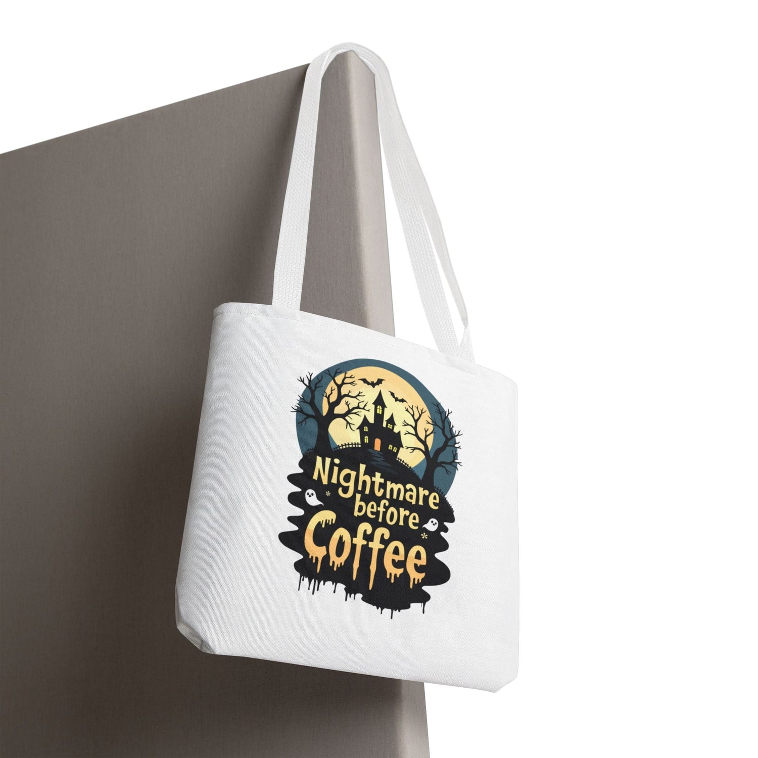 Nightmare Before Coffee Tote Bag, Halloween Tote, Spooky Drink Carrier, Gift for Coffee Lovers, AOP Design Bag Printify