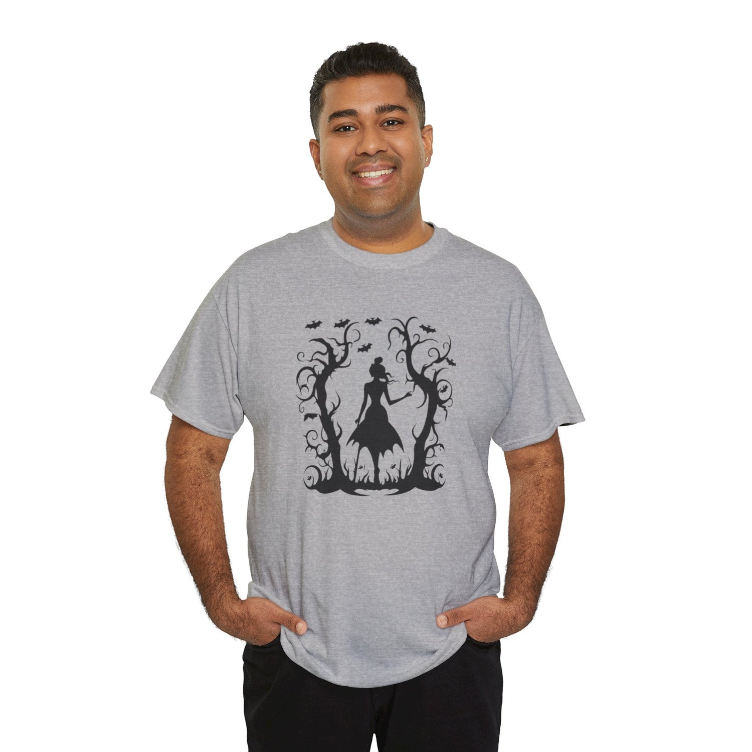Whimsical Forest Silhouette Tee, Unisex Heavy Cotton T-Shirt, Fall Fashion, Halloween Shirt, Nature Lover Gift Printify