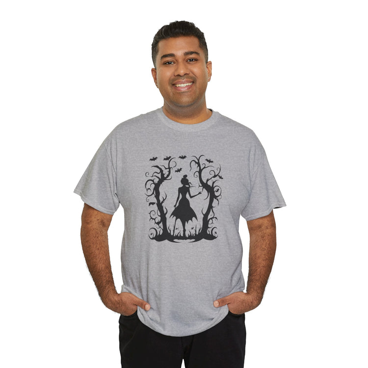 Whimsical Forest Silhouette Tee, Unisex Heavy Cotton T-Shirt, Fall Fashion, Halloween Shirt, Nature Lover Gift Printify