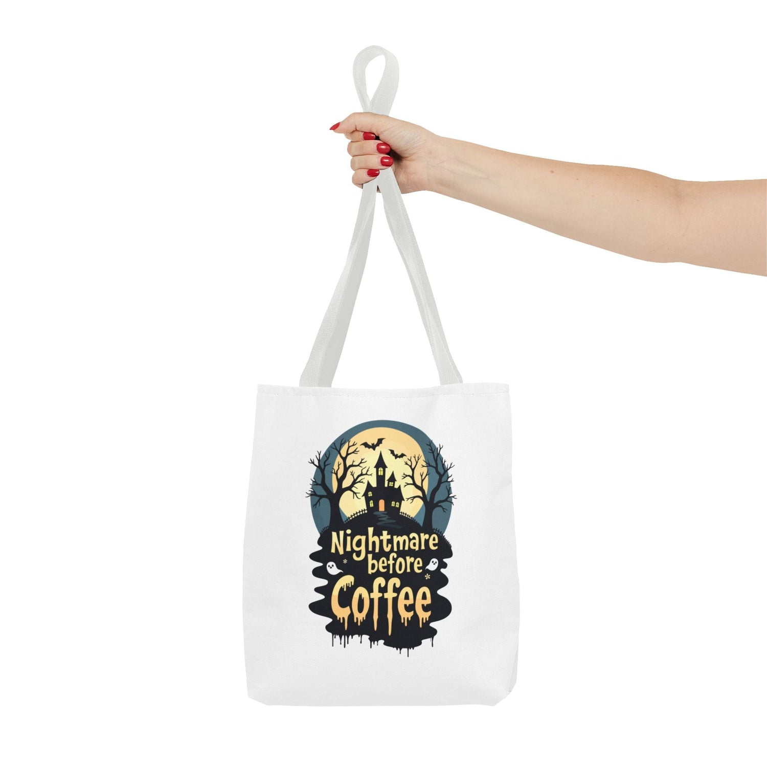 Nightmare Before Coffee Tote Bag, Halloween Tote, Spooky Drink Carrier, Gift for Coffee Lovers, AOP Design Bag Printify