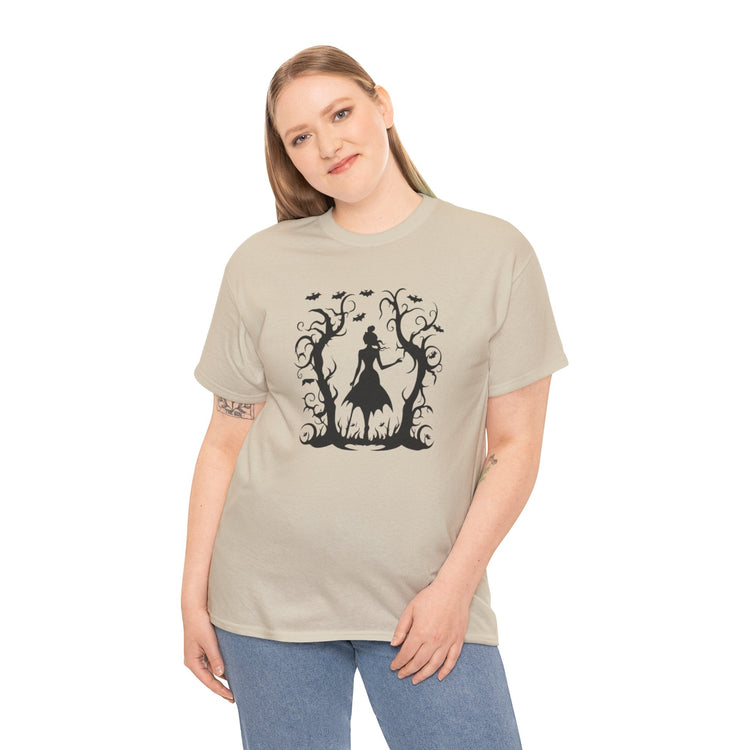 Whimsical Forest Silhouette Tee, Unisex Heavy Cotton T-Shirt, Fall Fashion, Halloween Shirt, Nature Lover Gift Printify