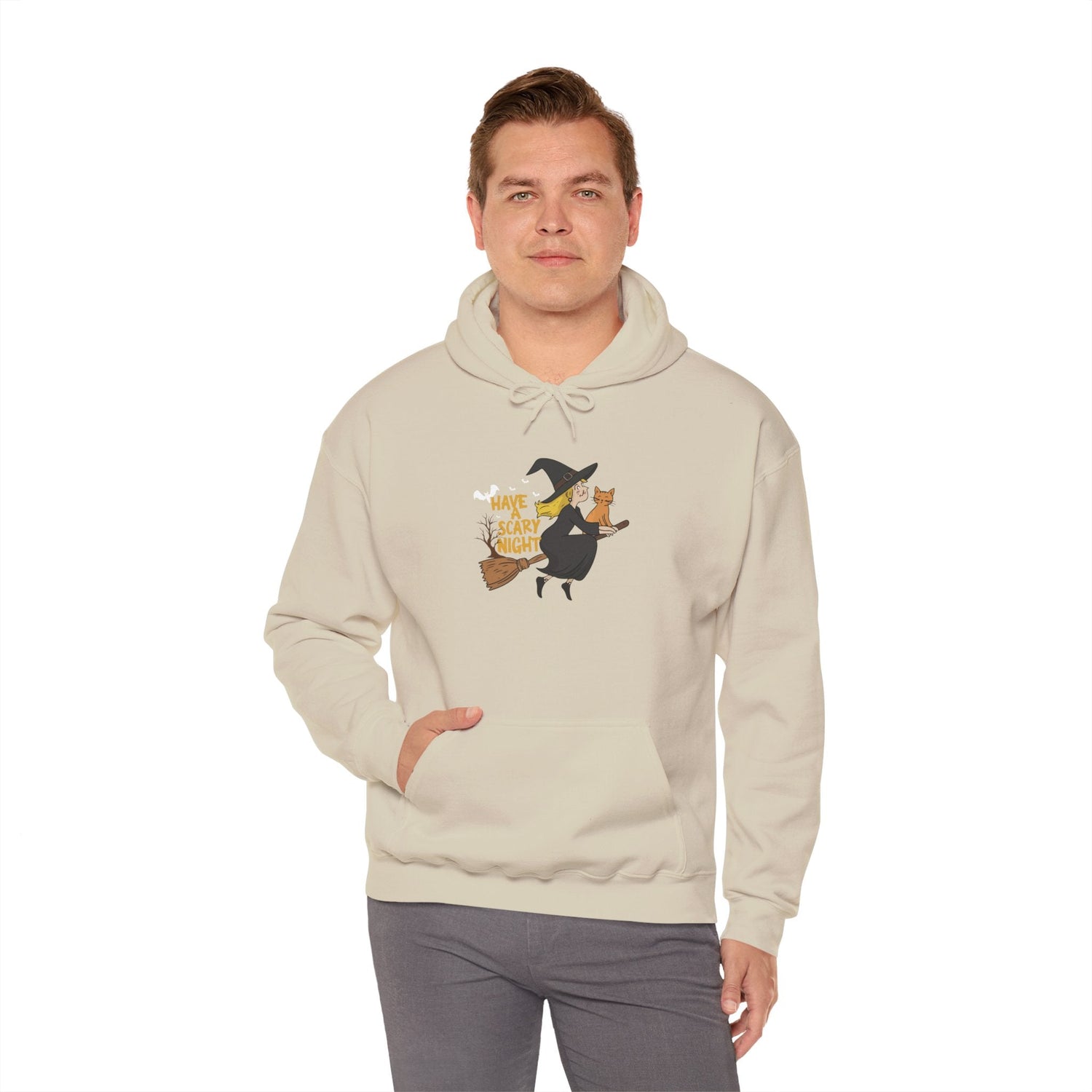 Halloween Witch and Cat Hoodie, Cozy Fall Sweatshirt, Scary Night Apparel, Unisex Ghostly Sweatshirt, Cute Halloween Gift Printify