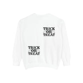 Halloween Trick or Treat Sweatshirt, Cozy Fall Sweatshirt, Unisex Halloween Apparel, Spooky Season Gift, Pumpkin Spice Fashion Printify