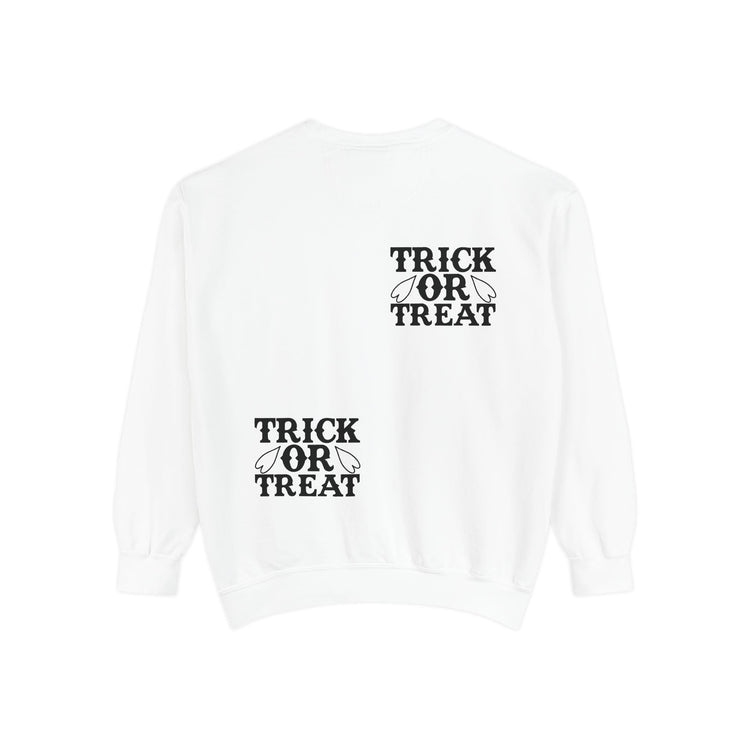 Halloween Trick or Treat Sweatshirt, Cozy Fall Sweatshirt, Unisex Halloween Apparel, Spooky Season Gift, Pumpkin Spice Fashion Printify