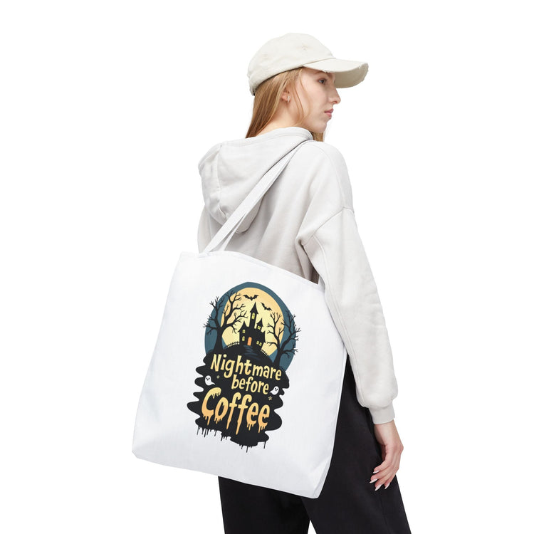 Nightmare Before Coffee Tote Bag, Halloween Tote, Spooky Drink Carrier, Gift for Coffee Lovers, AOP Design Bag Printify