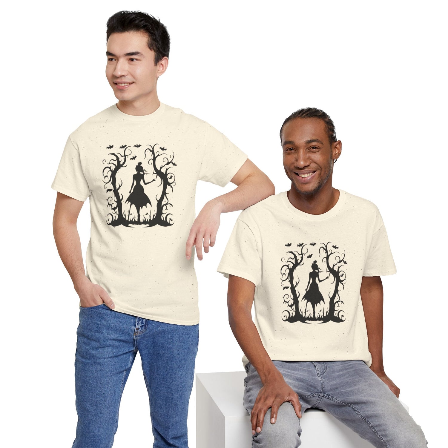 Whimsical Forest Silhouette Tee, Unisex Heavy Cotton T-Shirt, Fall Fashion, Halloween Shirt, Nature Lover Gift Printify