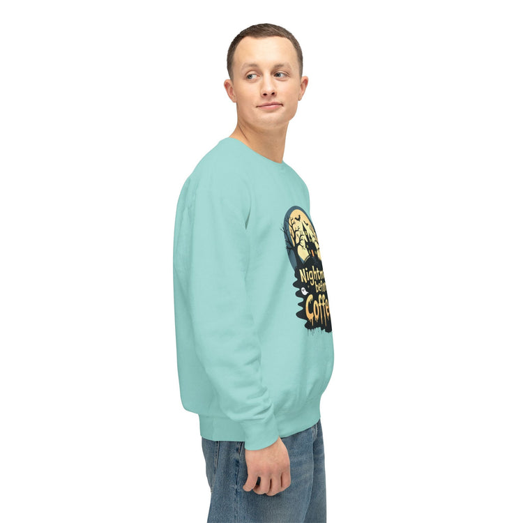 Unisex Lightweight Crewneck Sweatshirt - Nightmare Before Coffee Printify
