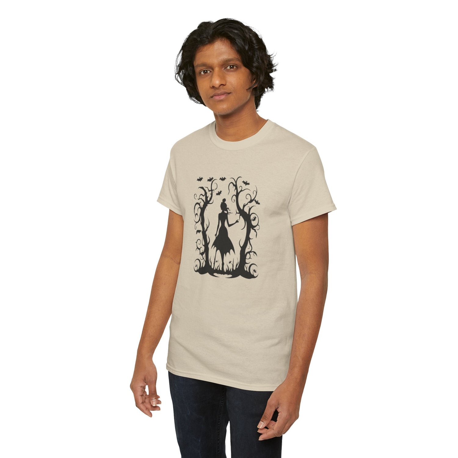 Whimsical Forest Silhouette Tee, Unisex Heavy Cotton T-Shirt, Fall Fashion, Halloween Shirt, Nature Lover Gift Printify