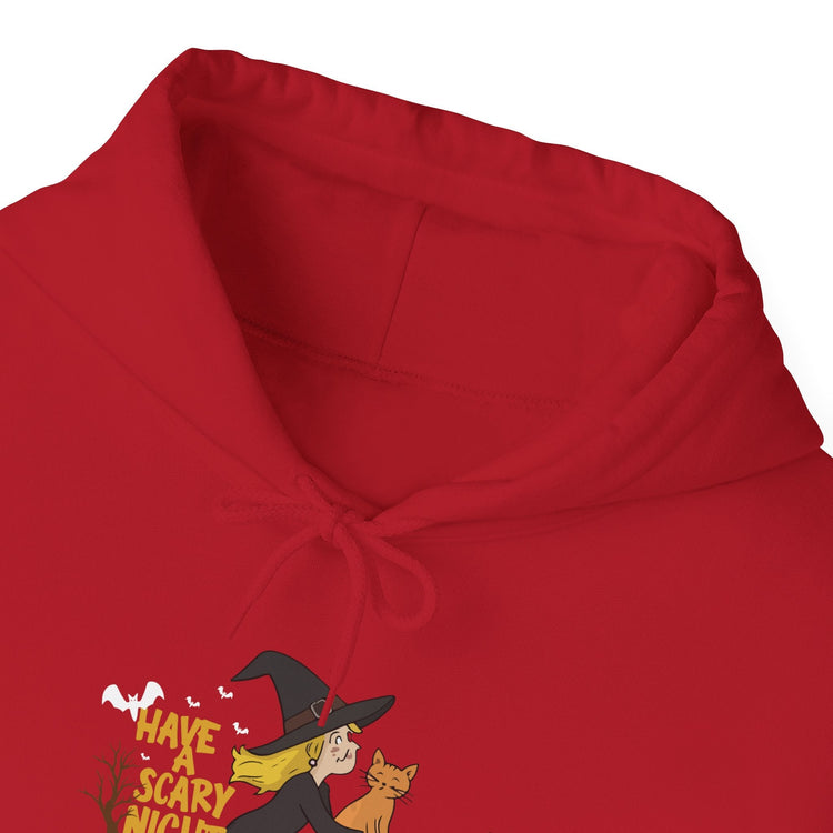 Halloween Witch and Cat Hoodie, Cozy Fall Sweatshirt, Scary Night Apparel, Unisex Ghostly Sweatshirt, Cute Halloween Gift Printify