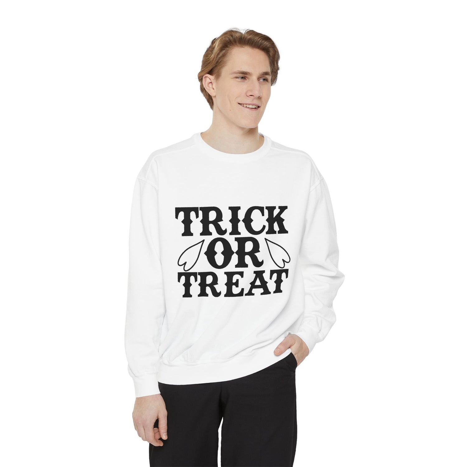 Halloween Trick or Treat Sweatshirt, Cozy Fall Sweatshirt, Unisex Halloween Apparel, Spooky Season Gift, Pumpkin Spice Fashion Printify