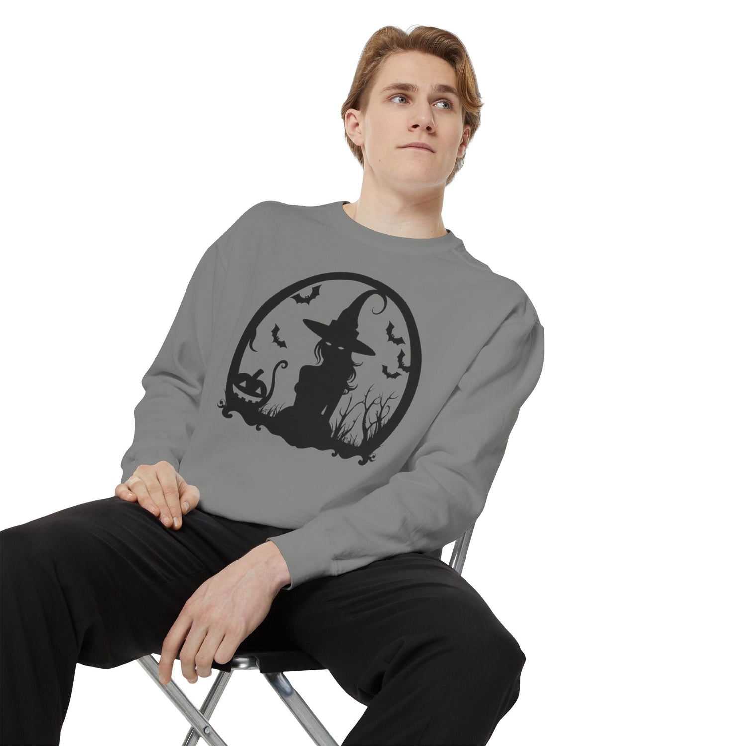 Charming Halloween Sweatshirt, Cozy Witch Design, Unisex Garment-Dyed Hoodie, Fall Fashion, Spooky Season Wear, Trick or Treat Gift Printify