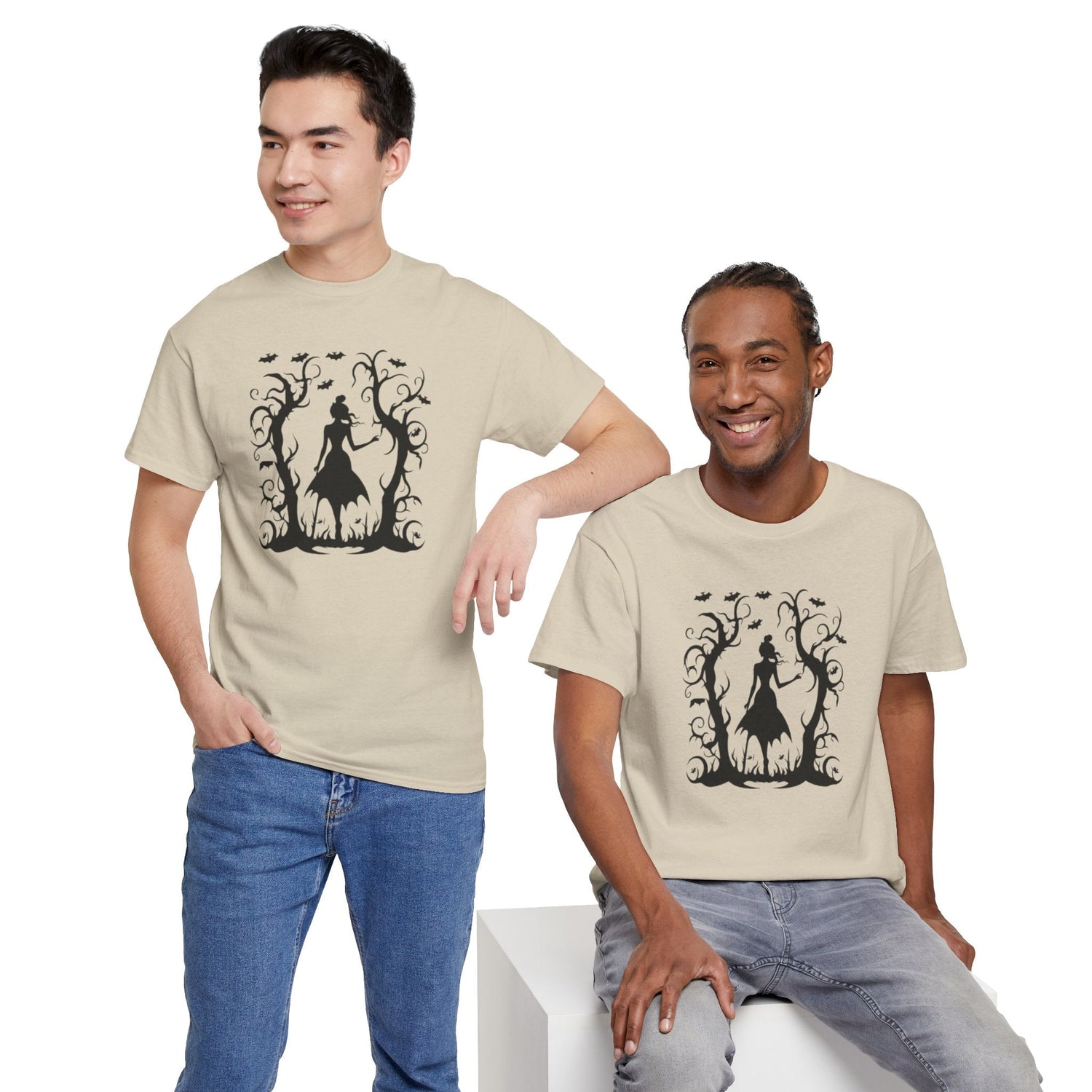 Whimsical Forest Silhouette Tee, Unisex Heavy Cotton T-Shirt, Fall Fashion, Halloween Shirt, Nature Lover Gift Printify