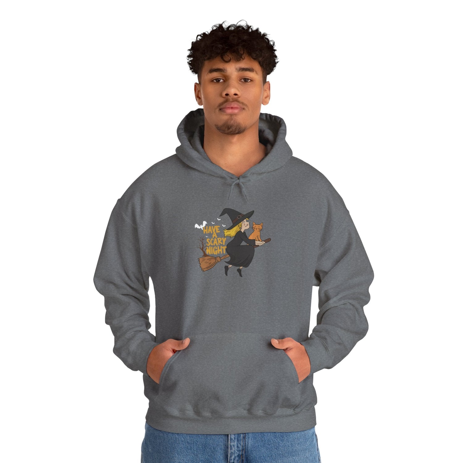 Halloween Witch and Cat Hoodie, Cozy Fall Sweatshirt, Scary Night Apparel, Unisex Ghostly Sweatshirt, Cute Halloween Gift Printify