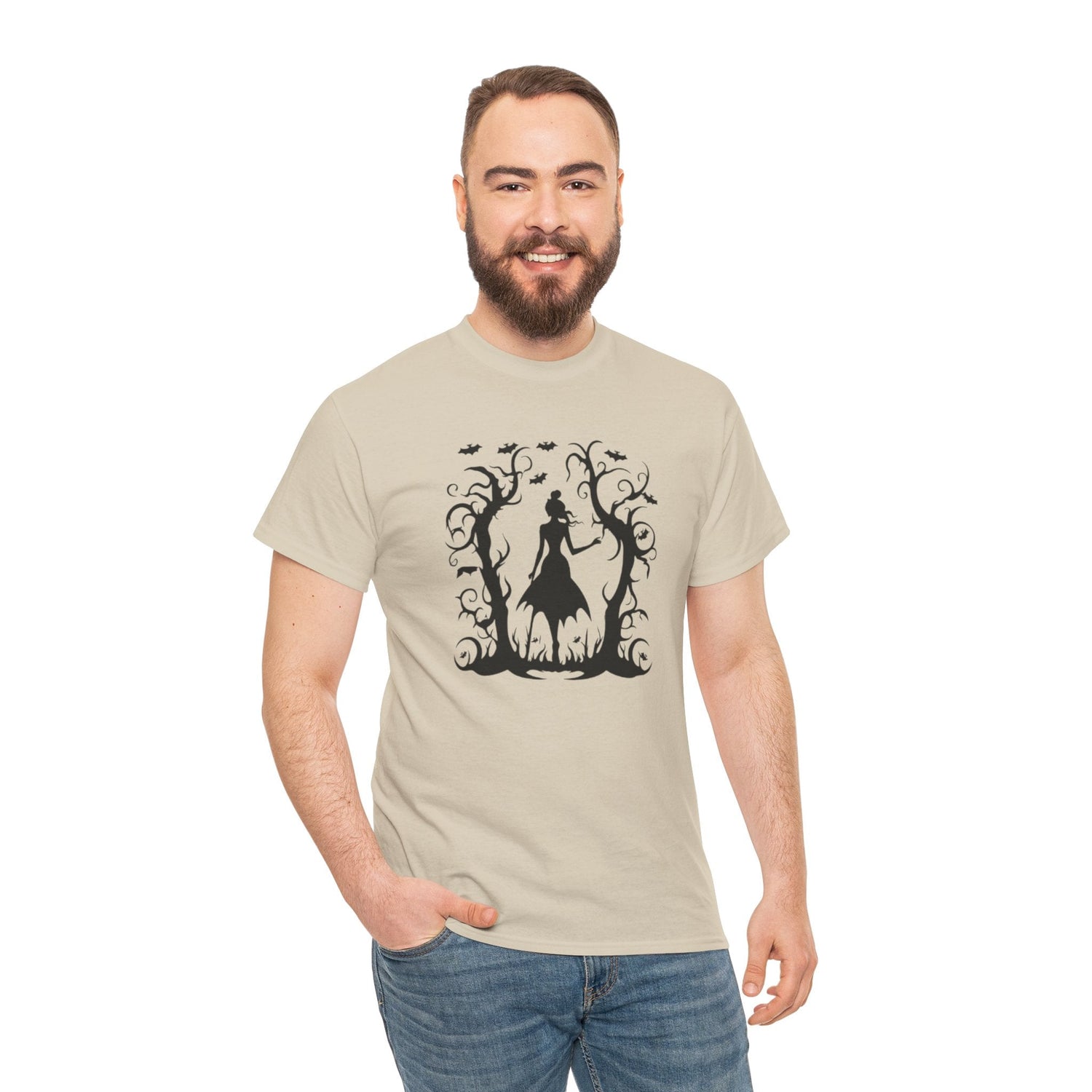 Whimsical Forest Silhouette Tee, Unisex Heavy Cotton T-Shirt, Fall Fashion, Halloween Shirt, Nature Lover Gift Printify