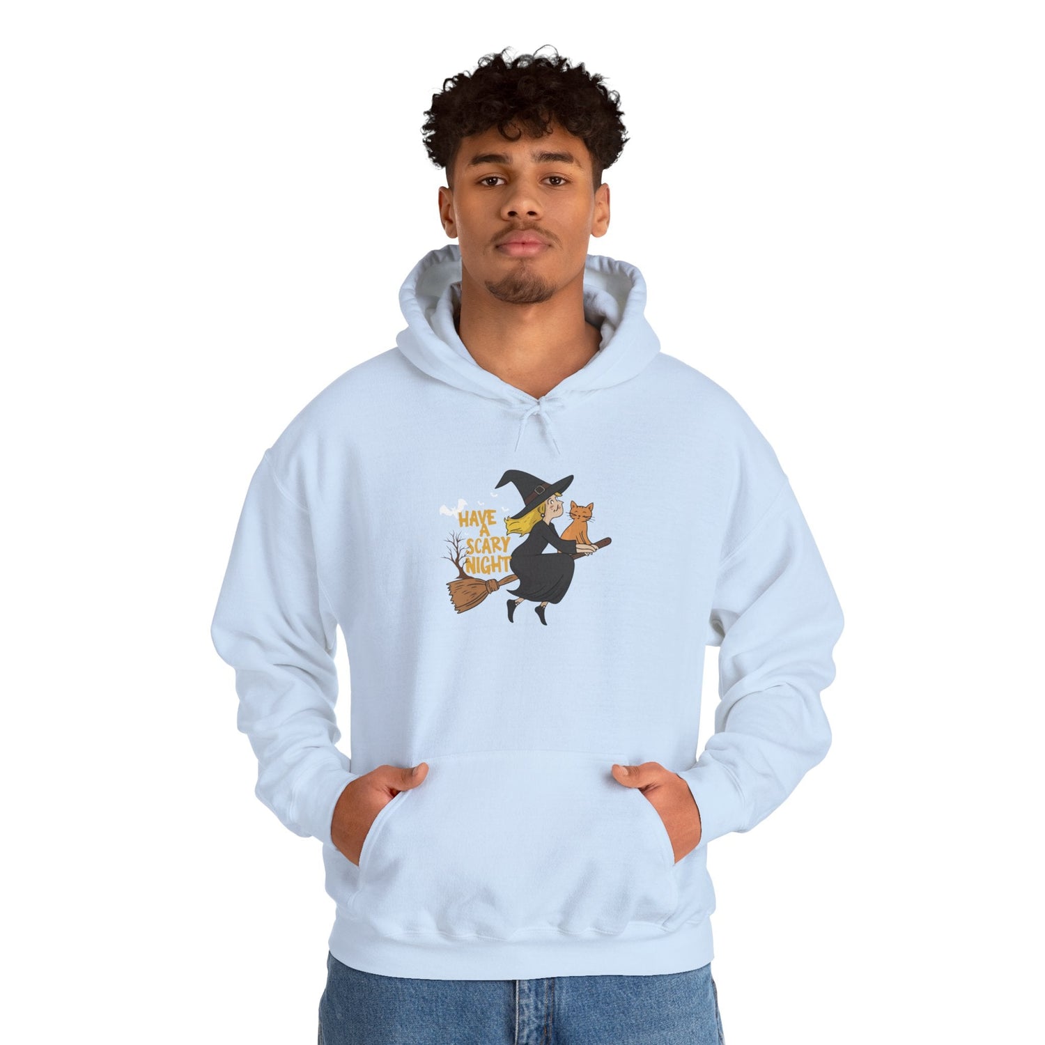 Halloween Witch and Cat Hoodie, Cozy Fall Sweatshirt, Scary Night Apparel, Unisex Ghostly Sweatshirt, Cute Halloween Gift Printify
