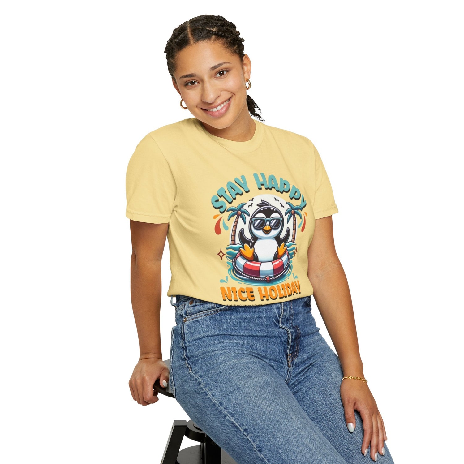 Stay Happy Penguin T-Shirt Unisex Summer Tee Vacation Shirt Beachwear Fun Gift Garment Dyed Cotton Casual Comfort Tee Birthday Gift Beach Shirt Printify