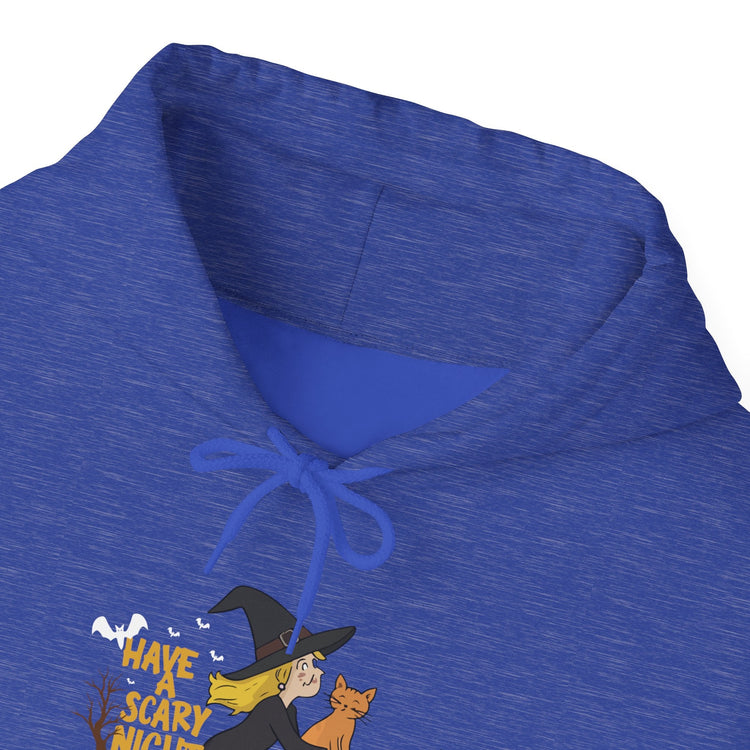 Halloween Witch and Cat Hoodie, Cozy Fall Sweatshirt, Scary Night Apparel, Unisex Ghostly Sweatshirt, Cute Halloween Gift Printify
