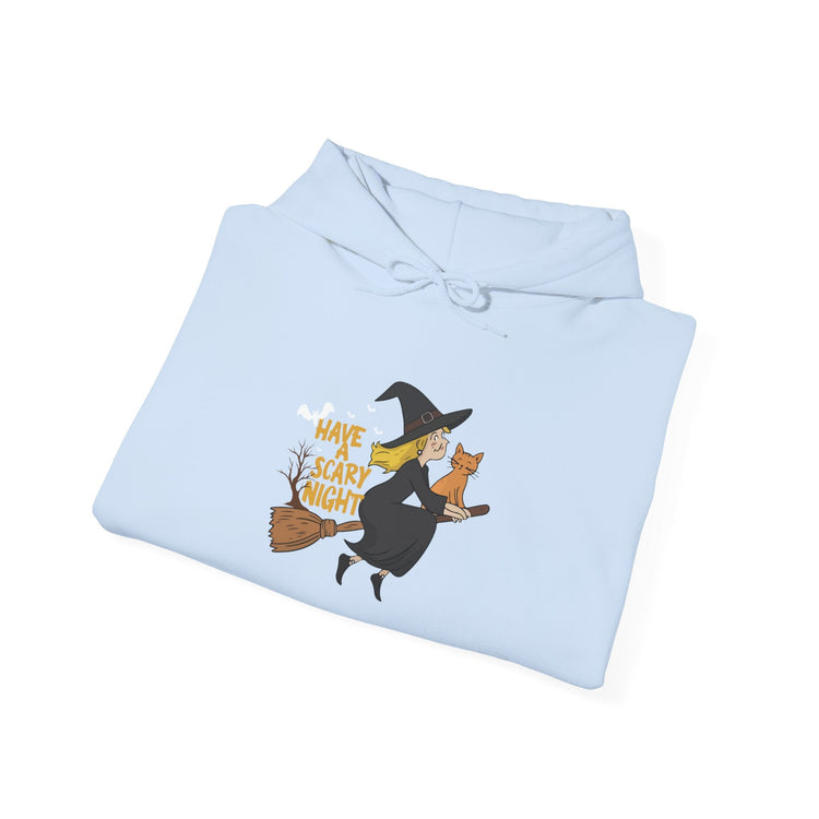 Halloween Witch and Cat Hoodie, Cozy Fall Sweatshirt, Scary Night Apparel, Unisex Ghostly Sweatshirt, Cute Halloween Gift Printify