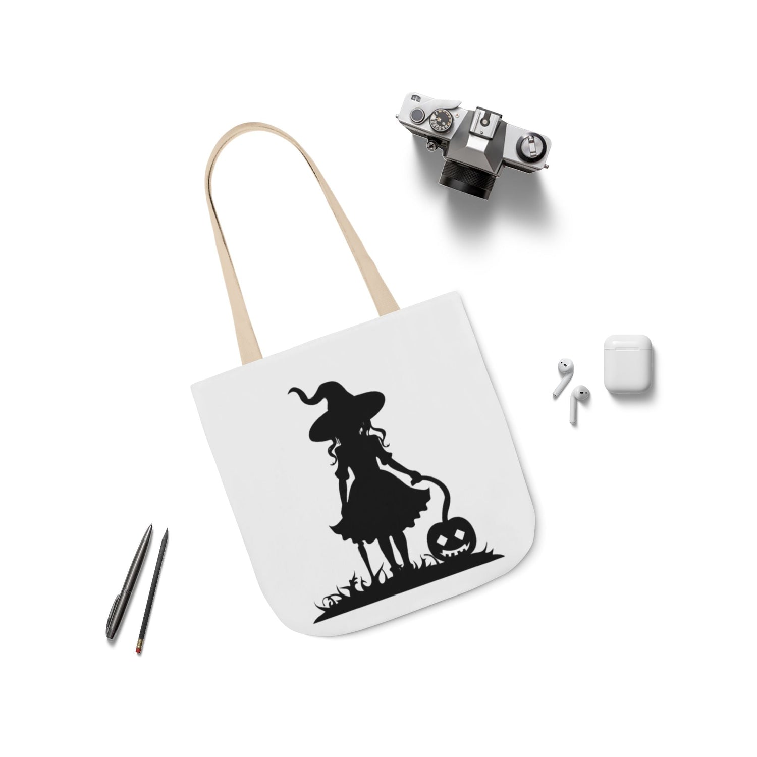 Halloween Witch Canvas Tote Bag, Spooky Treat Bag, Autumn Market Tote, Trick-or-Treat Bag, Gift for Witches, Seasonal Accessories Printify