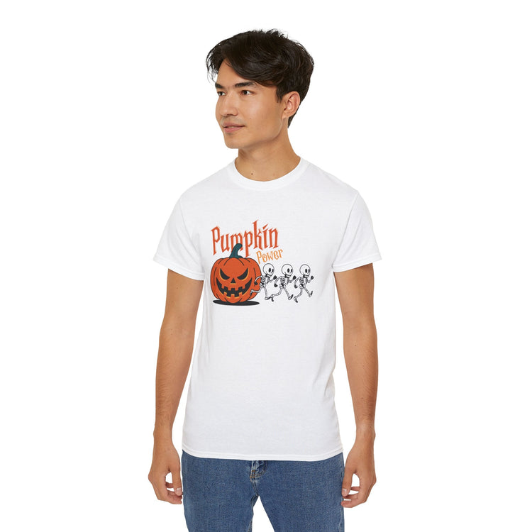 Halloween Skeleton Pumpkin Tee, Spooky Graphic Shirt, Unisex Fall Fashion, Halloween Costume Top, Fun October Apparel Printify