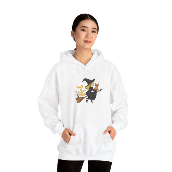 Halloween Witch and Cat Hoodie, Cozy Fall Sweatshirt, Scary Night Apparel, Unisex Ghostly Sweatshirt, Cute Halloween Gift Printify
