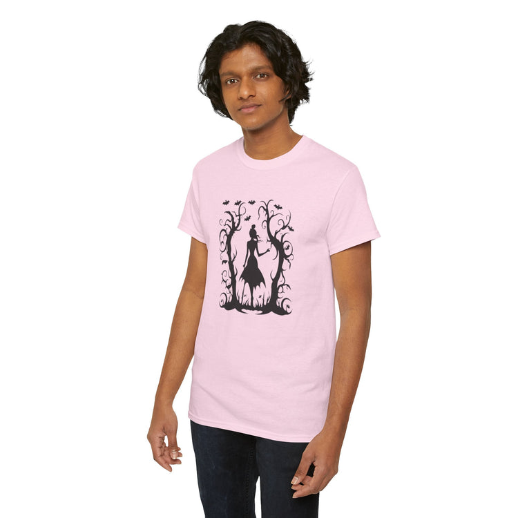 Whimsical Forest Silhouette Tee, Unisex Heavy Cotton T-Shirt, Fall Fashion, Halloween Shirt, Nature Lover Gift Printify